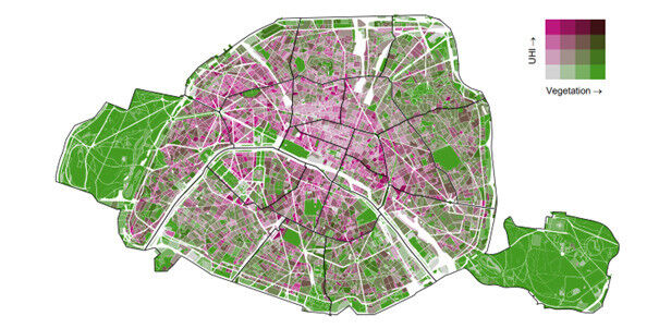Environnement - Relation géographique entre le taux de végétation et le potentiel de développement d'un îlot de chaleur urbain (ICU) diurne à Paris. Environnement